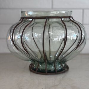 Vintage glass vase in metal frame. Hand blown glass. Very beautiful